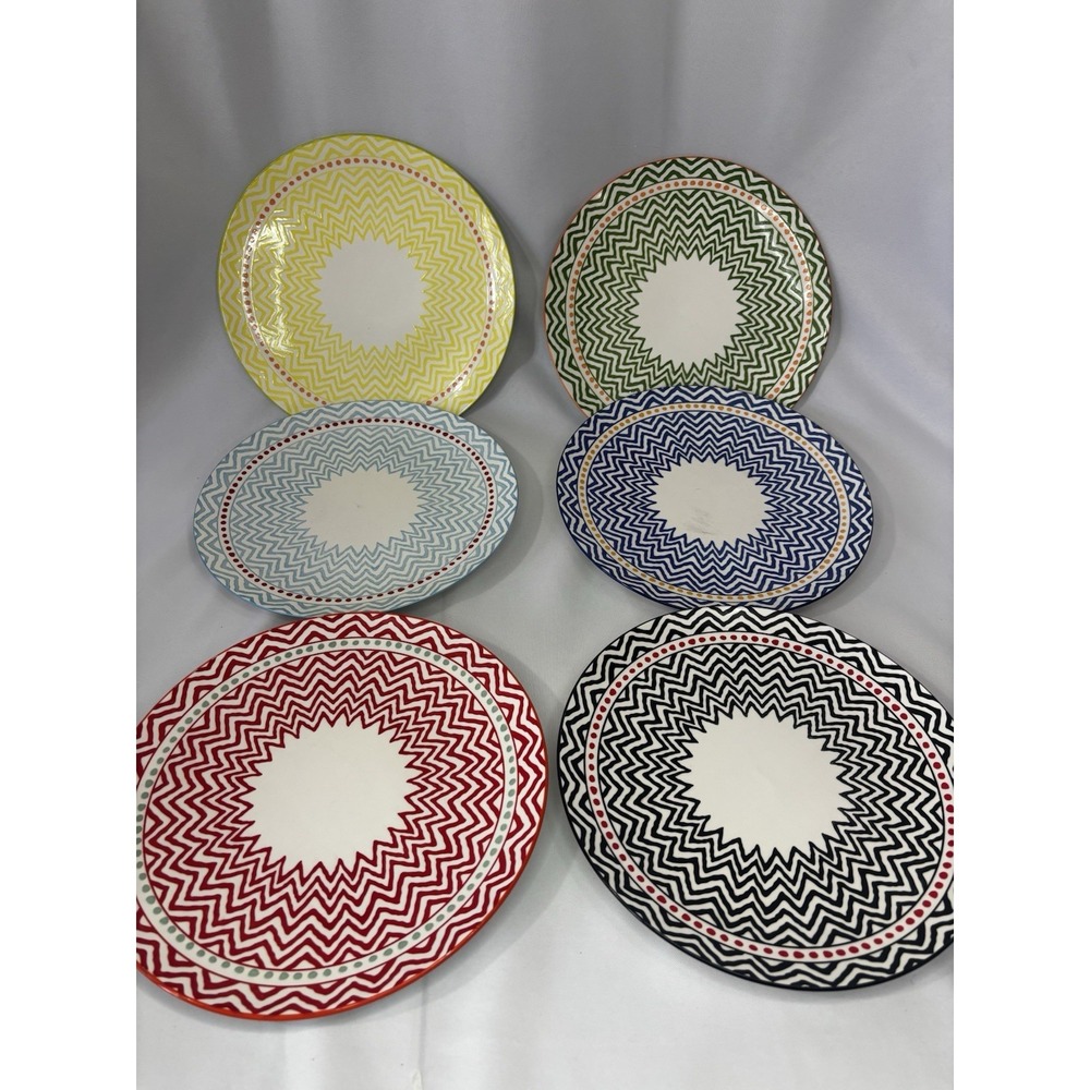 Set Of 6‎ Handmade Geometric Zig Zag Colorful Dinner Plates  10.25"